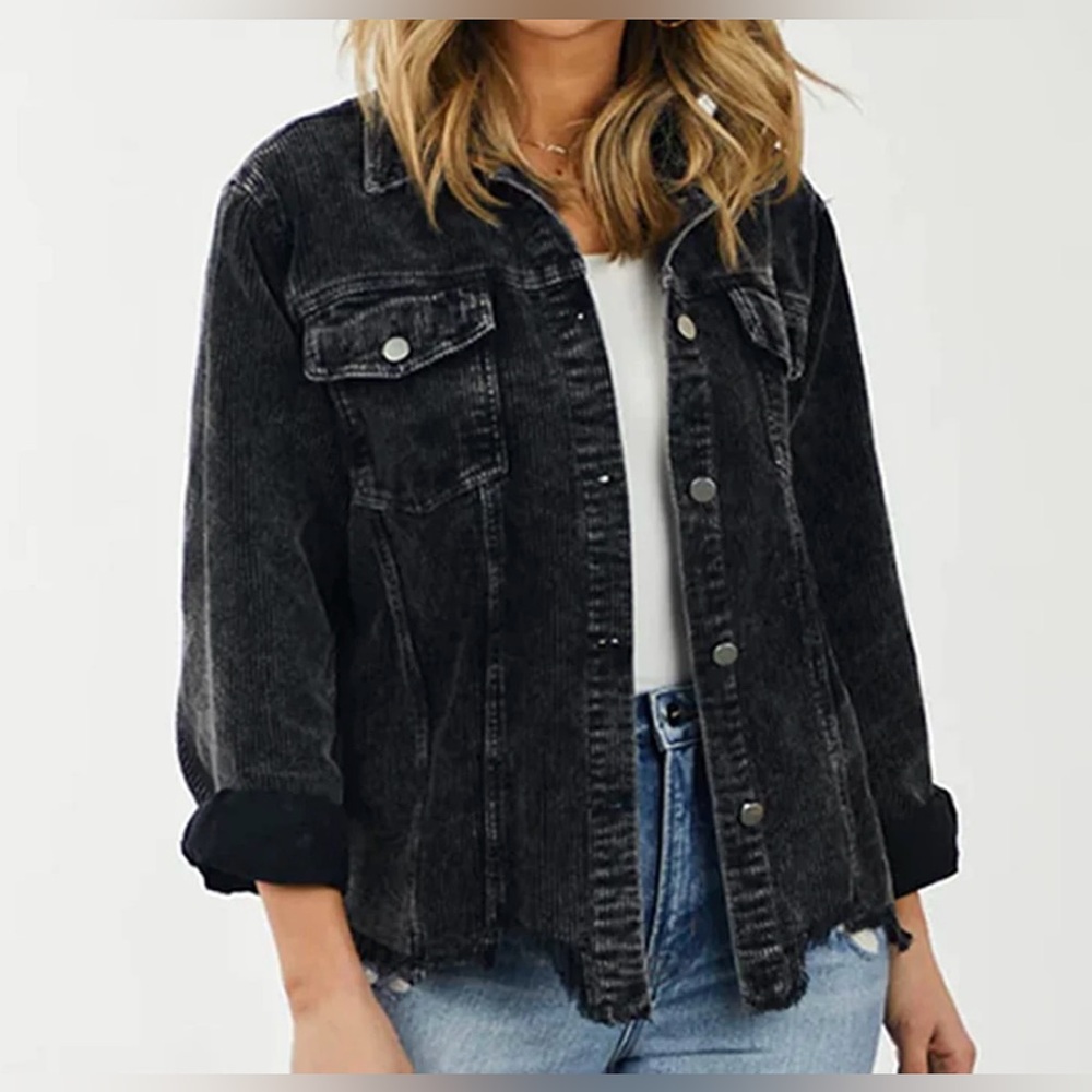 Distressed Corded Black Shacket by Oddi
